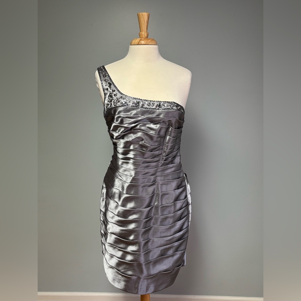 Adrianna Papell Boutique Silver One-Shoulder Dress 12